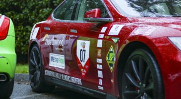 Red car with stickers