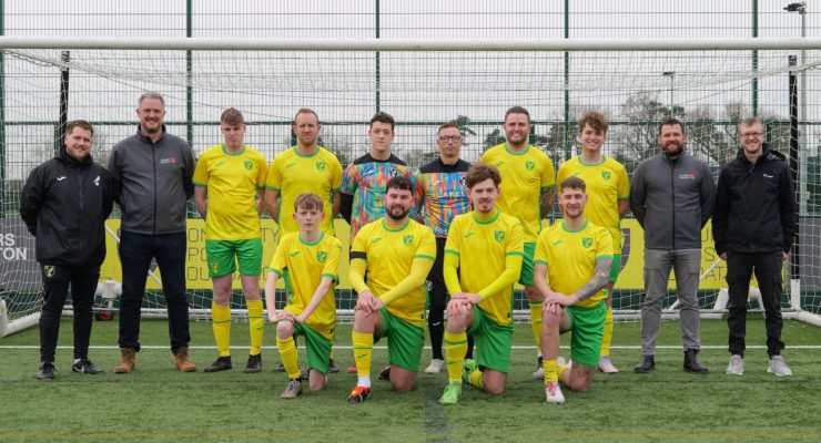 Cerebral palsy football team group photo with staff from Chaplin Farrant